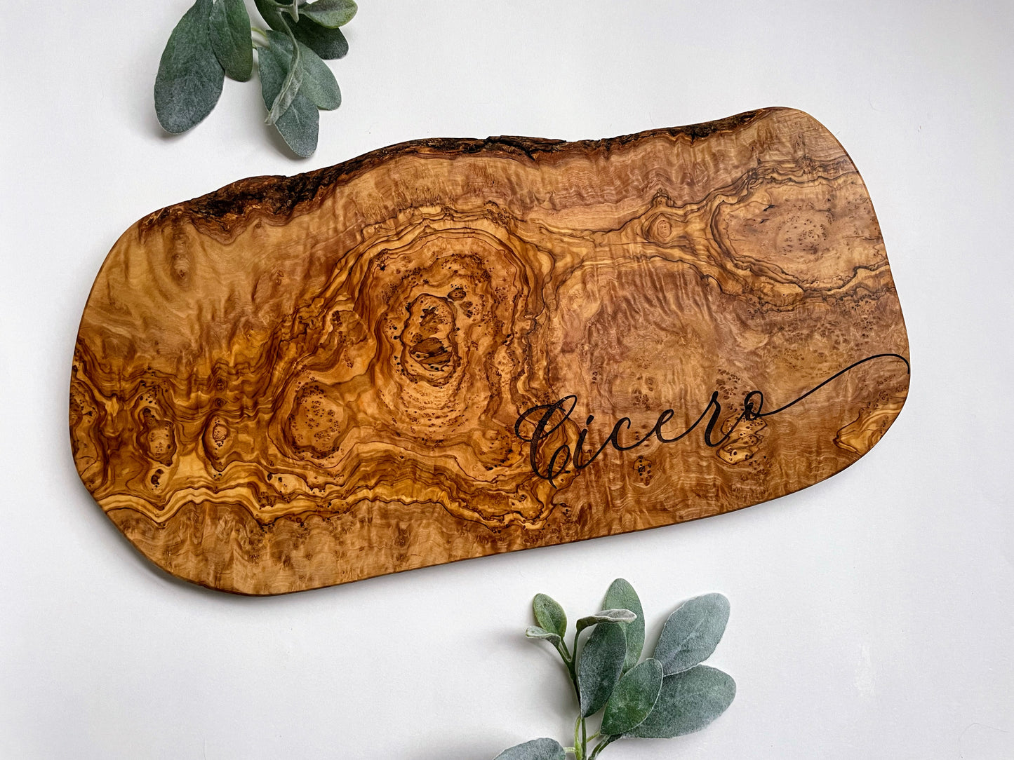 Custom Engraved Live Edge Olive Wood Charcuterie Board